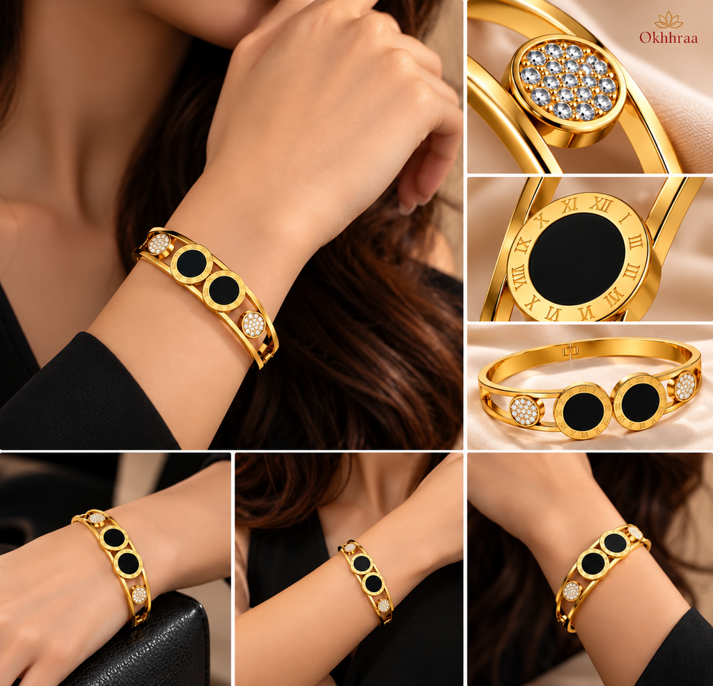 okhhraa Bracelet for Women Gold Roman Numeral Bangle | Crystal Embellished, Black Enamel Discs