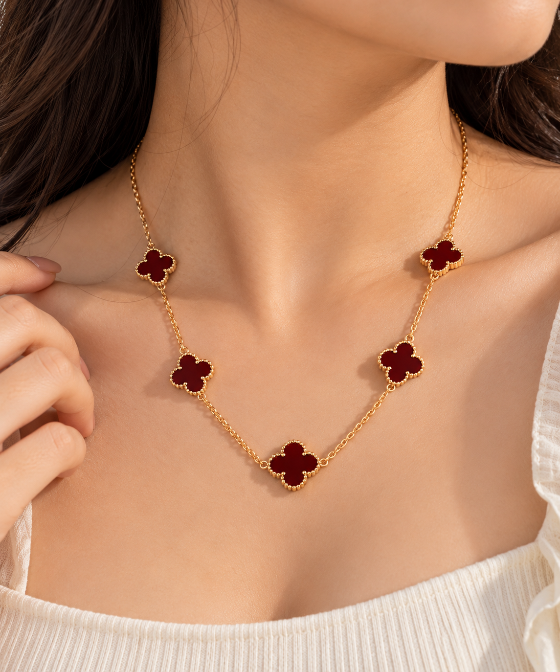 okhhraa Women’s Maroon Clover Charm Necklace | Gold-Tone Stainless Steel Necklace