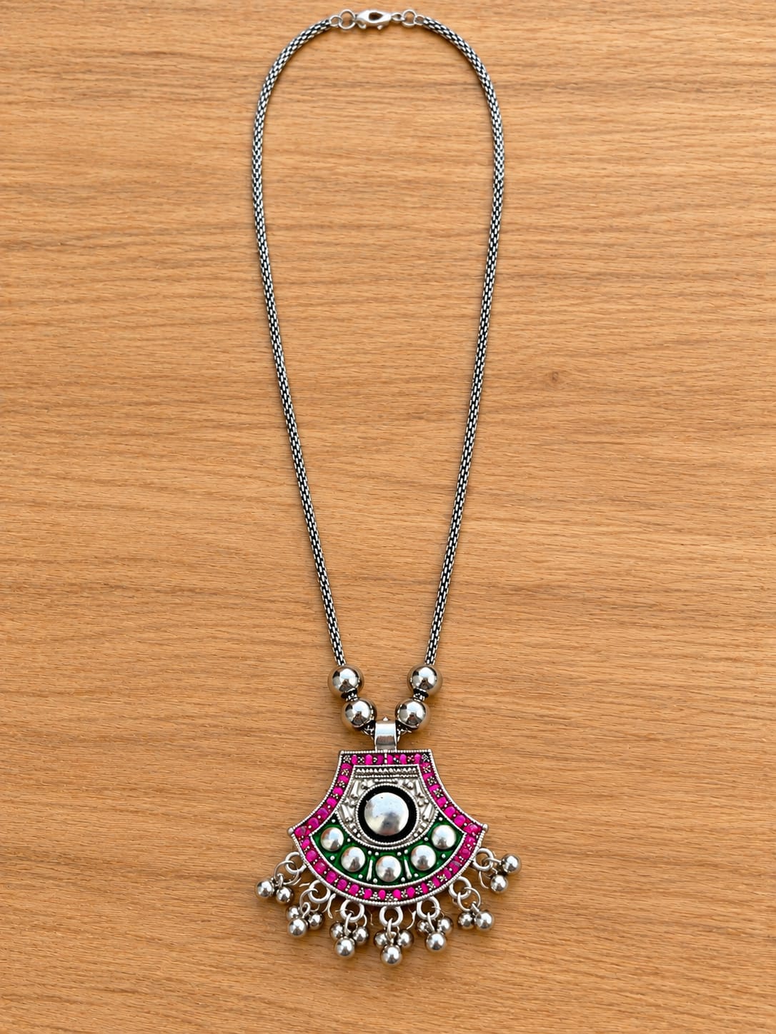 okhhraa Oxidised Silver Multicolor Traditional Pendant Necklace