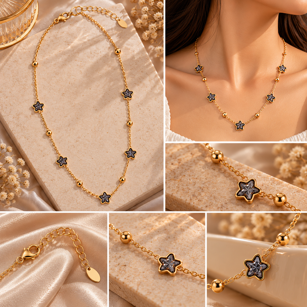 okhhraa Women's Gold-Tone Black Star Charm Necklace