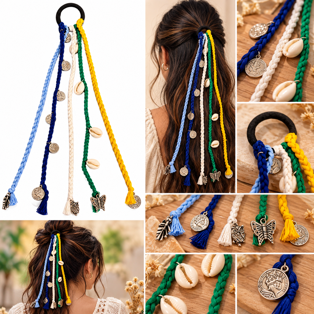 Okhhraa Boho Hair Jewelry with Charms for Women & Girls | Colorful Braided Strands, Coin & Shell Charms, Tassel Accents, Hair Tie Included, Boho Style