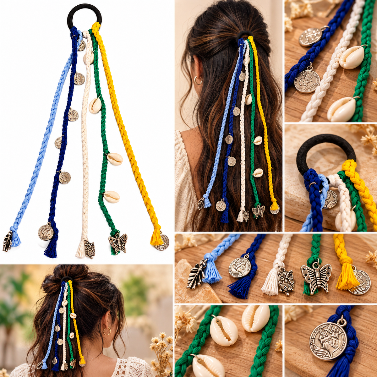 Okhhraa Boho Hair Jewelry with Charms for Women & Girls | Colorful Braided Strands, Coin & Shell Charms, Tassel Accents, Hair Tie Included, Boho Style
