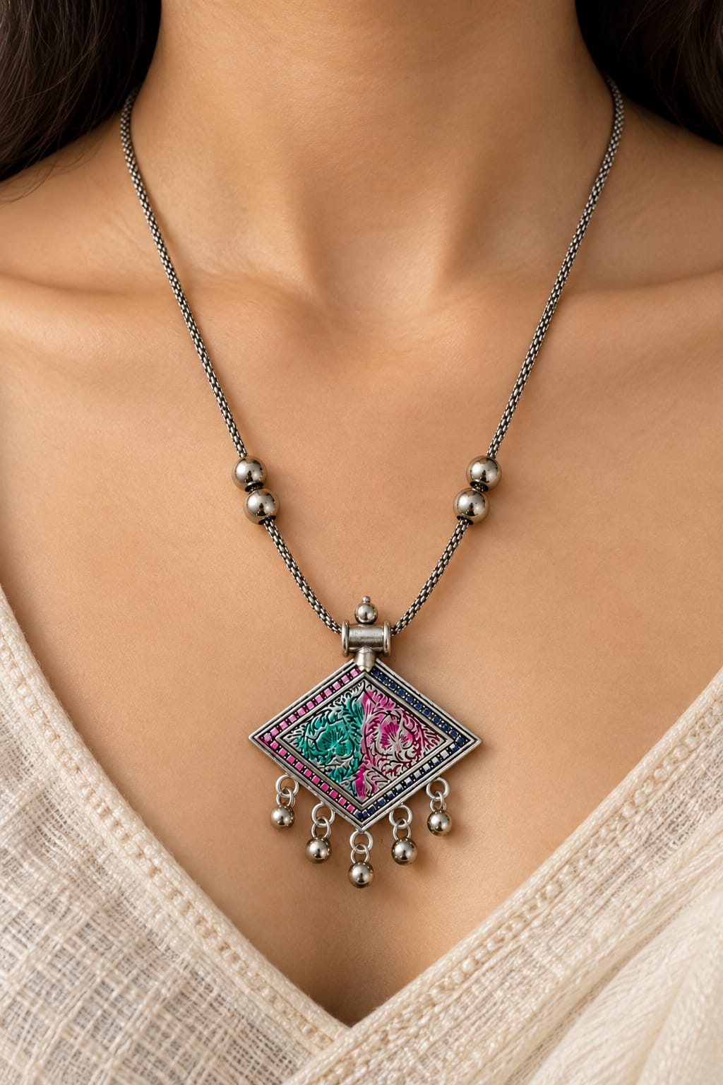 okhhraa Oxidised Silver Multicolor Diamond Pendant Necklace