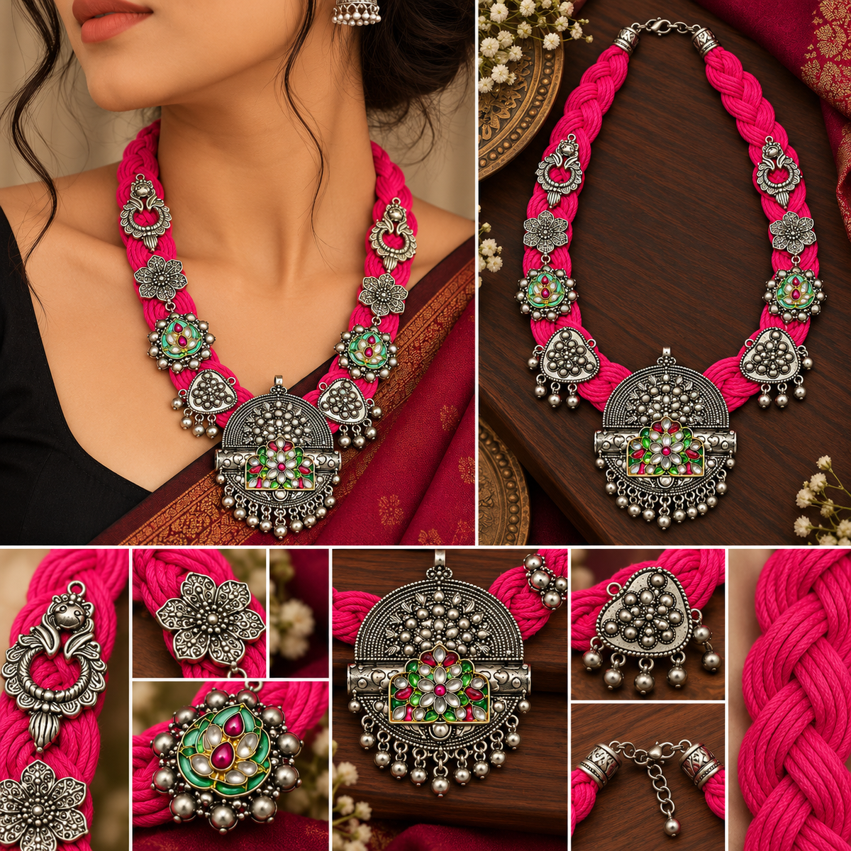 okhhraa Pink Braided Thread Oxidised Silver-Tone Traditional Necklace