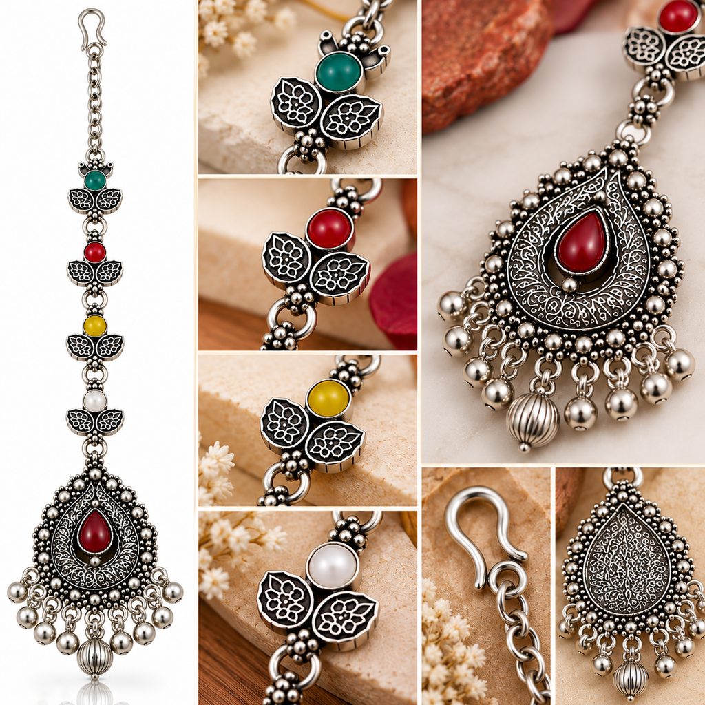 Okhhraa Oxidised Silver Multicolor Traditional Maang Tikka