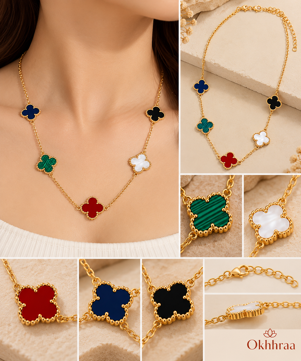 okhhraa Women’s Multicolor Clover Charm Necklace | Gold-Tone Stainless Steel Necklace
