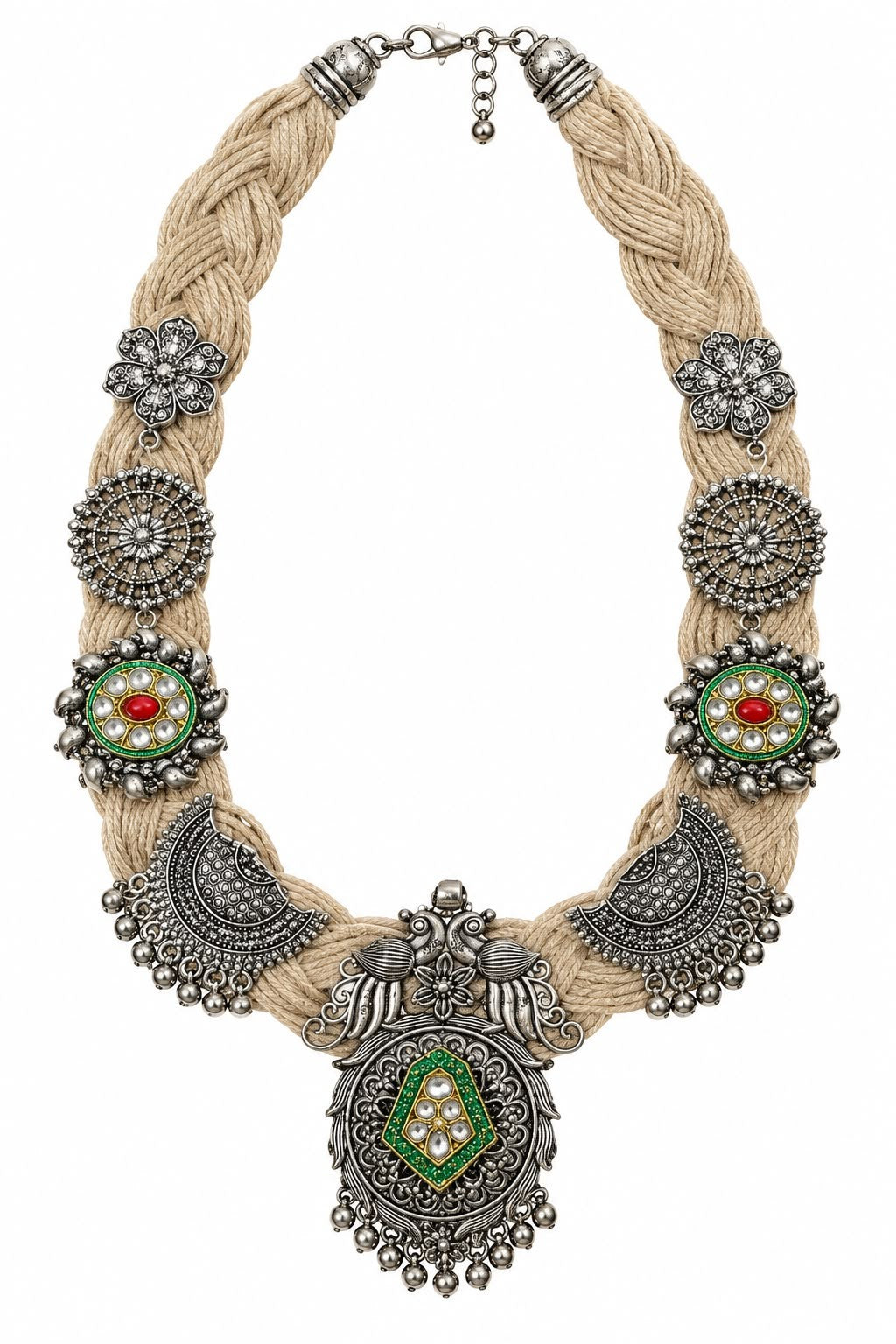 okhhraa Beige Braided Thread Oxidised Silver-Tone Traditional Necklace
