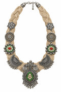 okhhraa Beige Braided Thread Oxidised Silver-Tone Traditional Necklace