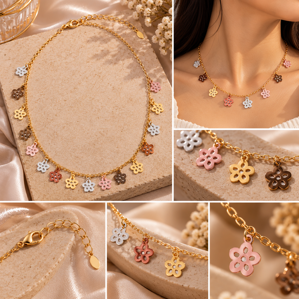 okhhraa Women's Multicolor Floral Charm Necklace Gold-Tone