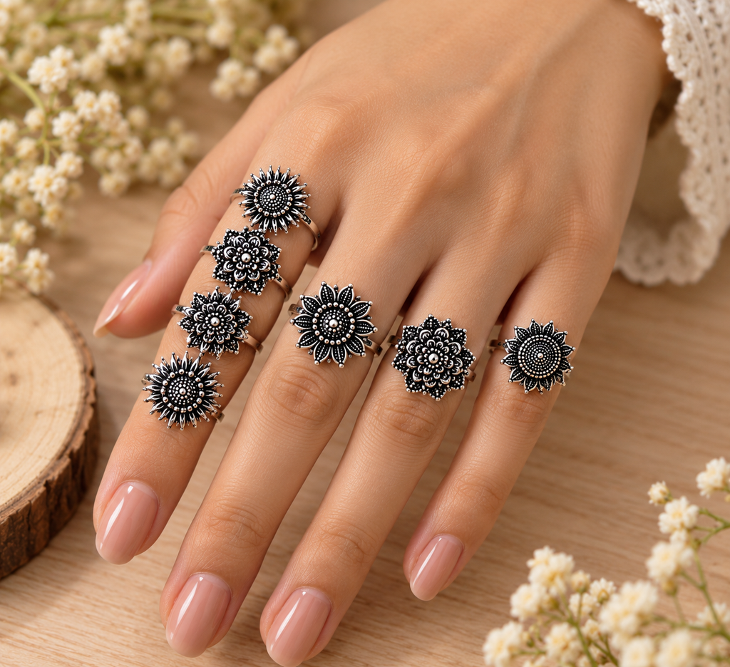 okhhraa Oxidised Silver Floral Boho Rings – Assorted Designs (Any 1 Piece)