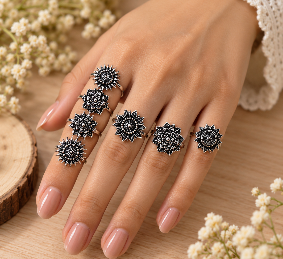 okhhraa Oxidised Silver Floral Boho Rings – Assorted Designs (Any 1 Piece)
