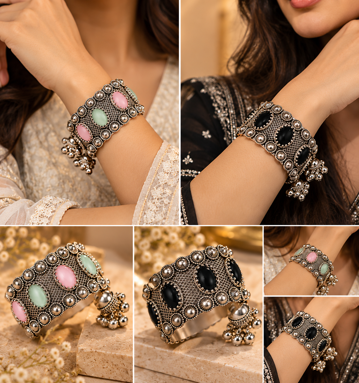 okhhraa Women’s Designer Oxidised Look Cuff Bangle with Black Stone