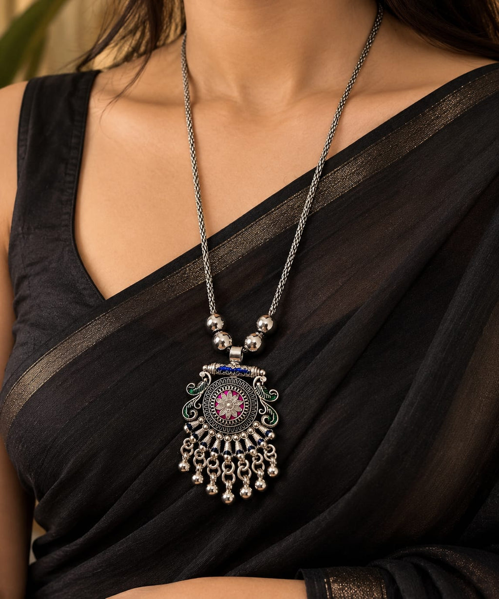 okhhraa Oxidised Silver Multicolor Floral Pendant Long Necklace
