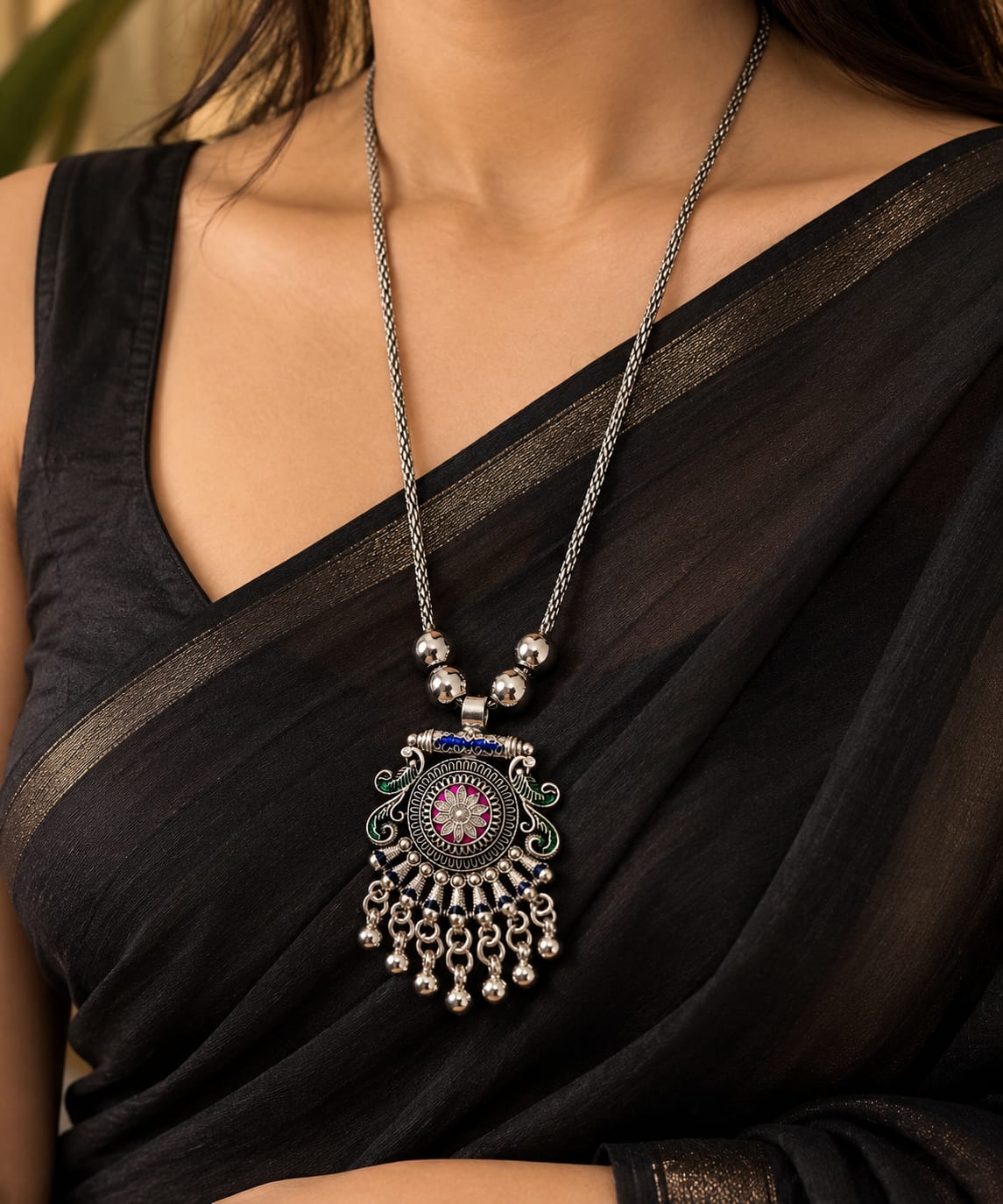 okhhraa Oxidised Silver Multicolor Floral Pendant Long Necklace