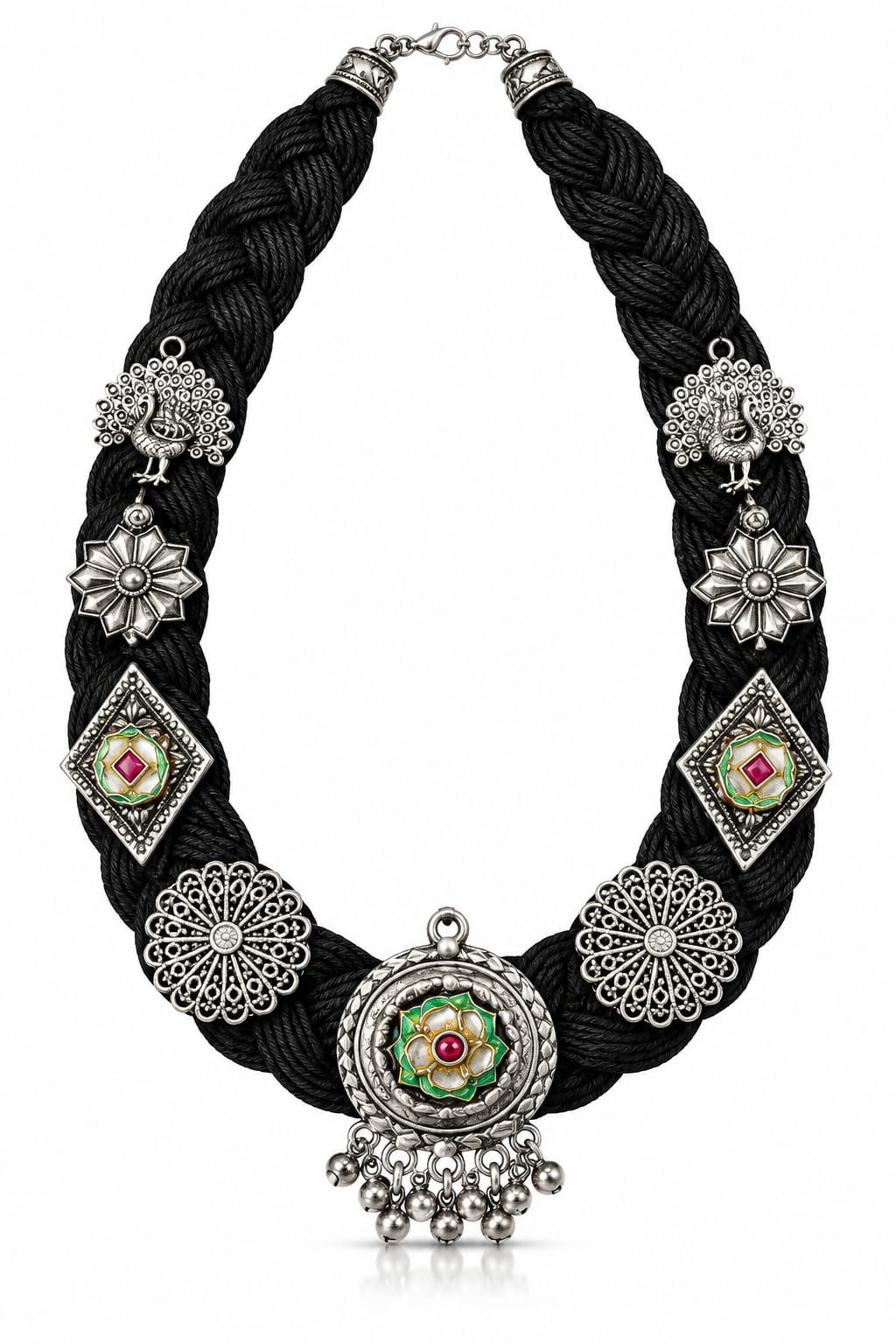 okhhraa Black Braided Thread Oxidised Silver-Tone Traditional Necklace