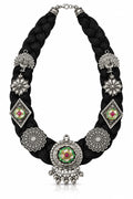 okhhraa Black Braided Thread Oxidised Silver-Tone Traditional Necklace