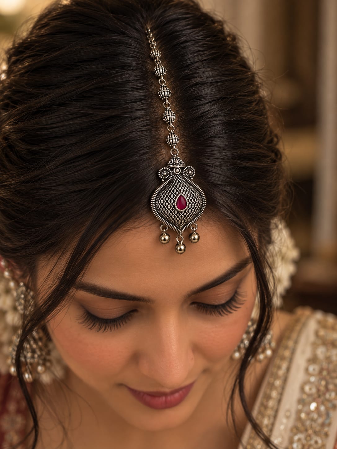 Oxidised Silver Maang Tikka with Red Stone & Hanging Beads