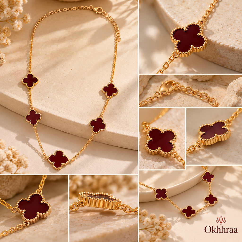 okhhraa Women’s Maroon Clover Charm Necklace | Gold-Tone Stainless Steel Necklace