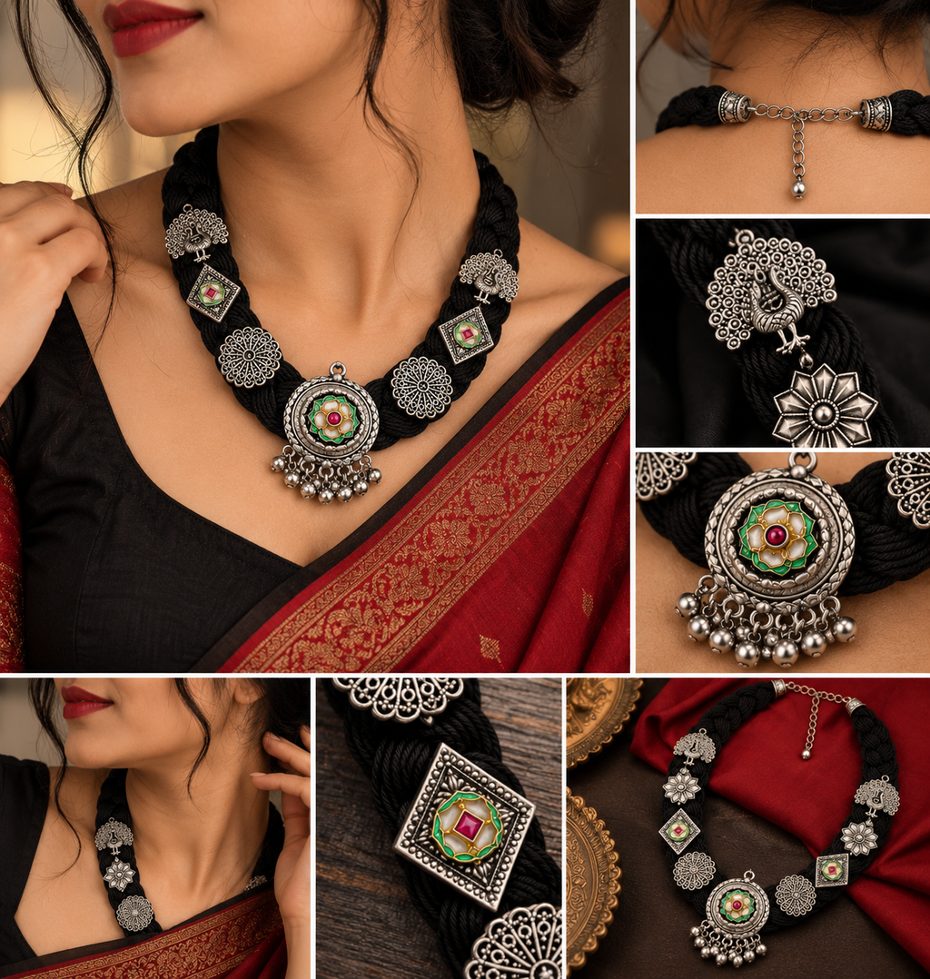 okhhraa Black Braided Thread Oxidised Silver-Tone Traditional Necklace