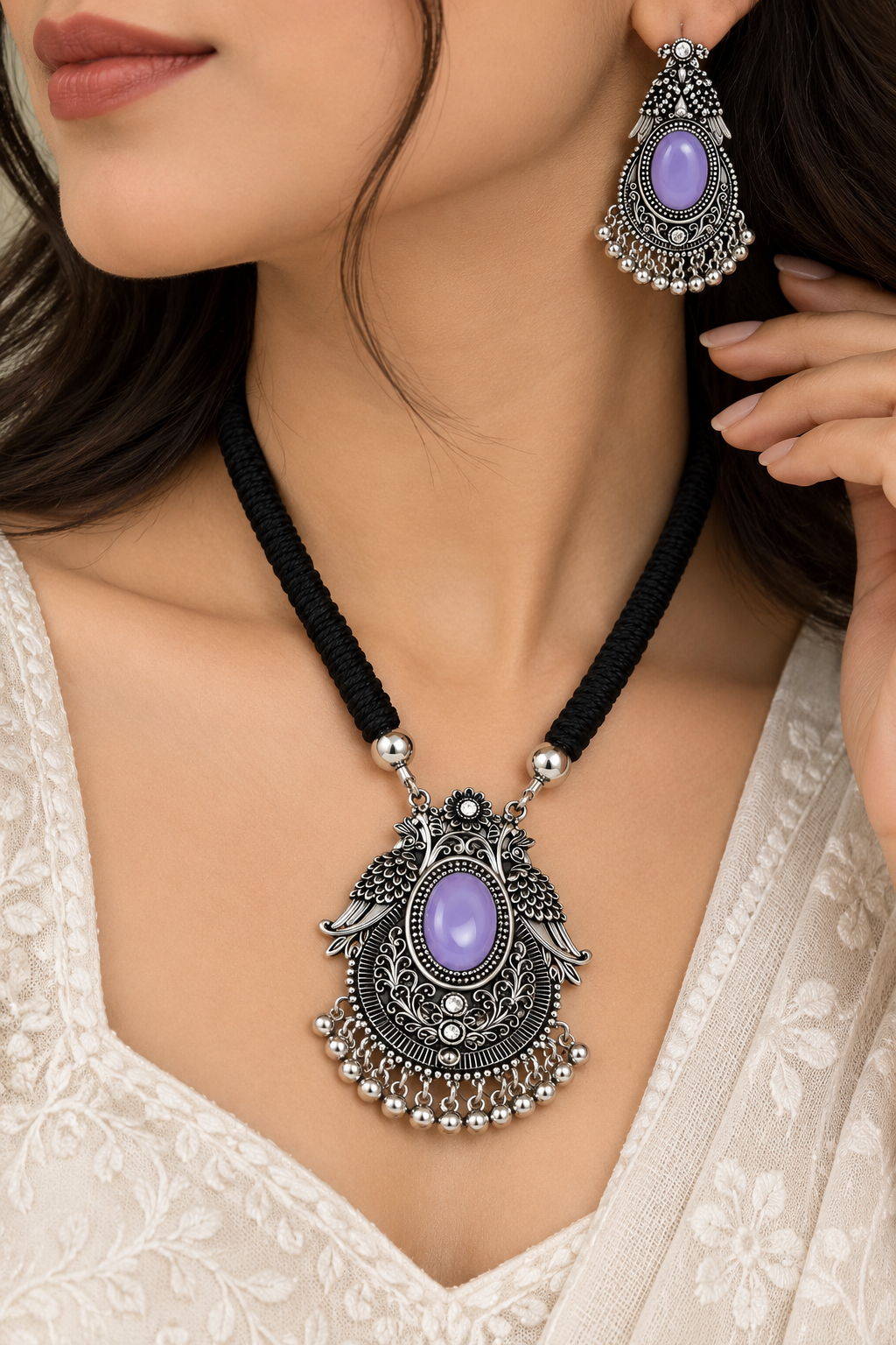 okhhraa Lavender Stone Pendant Necklace Set with Matching Earrings