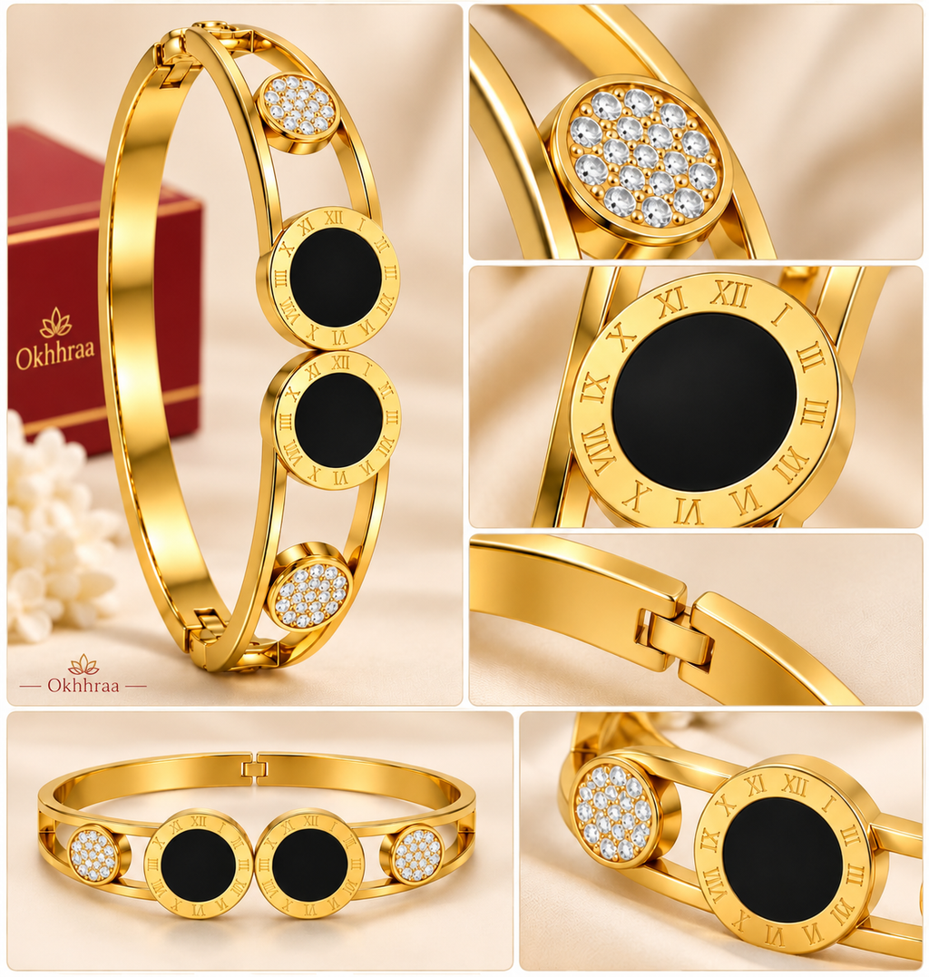 okhhraa Bracelet for Women Gold Roman Numeral Bangle | Crystal Embellished, Black Enamel Discs