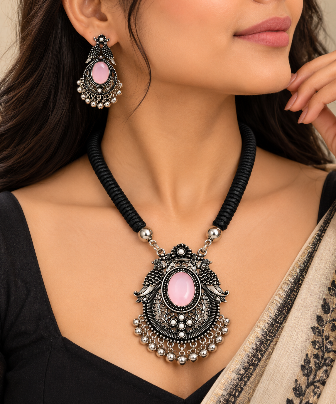 okhhraa Pink Stone Pendant Necklace Set with Matching Earrings