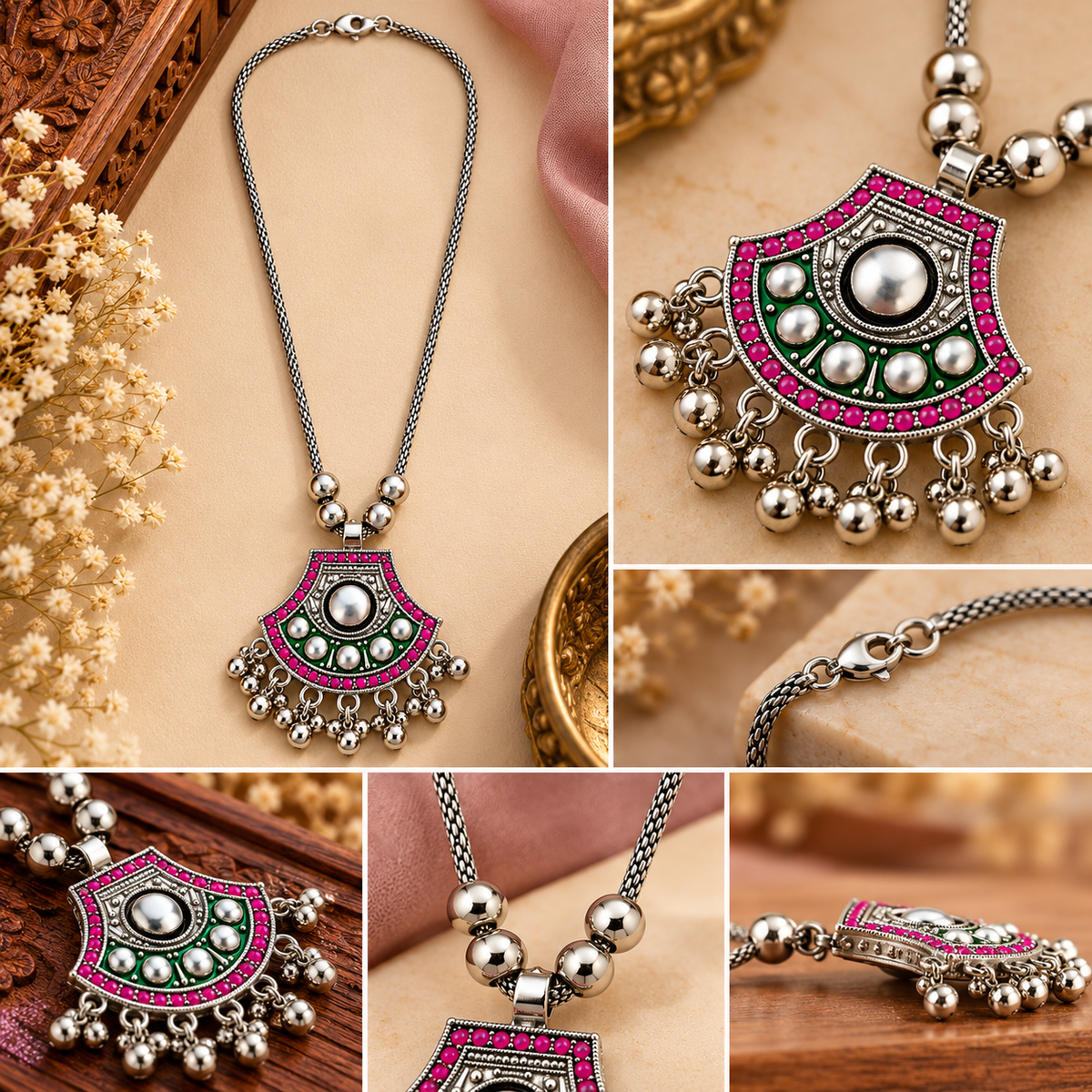 okhhraa Oxidised Silver Multicolor Traditional Pendant Necklace