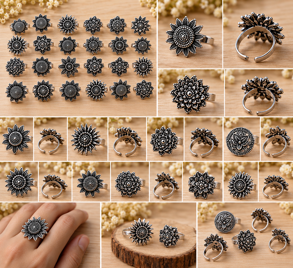 okhhraa Oxidised Silver Floral Boho Rings – Assorted Designs (Any 1 Piece)