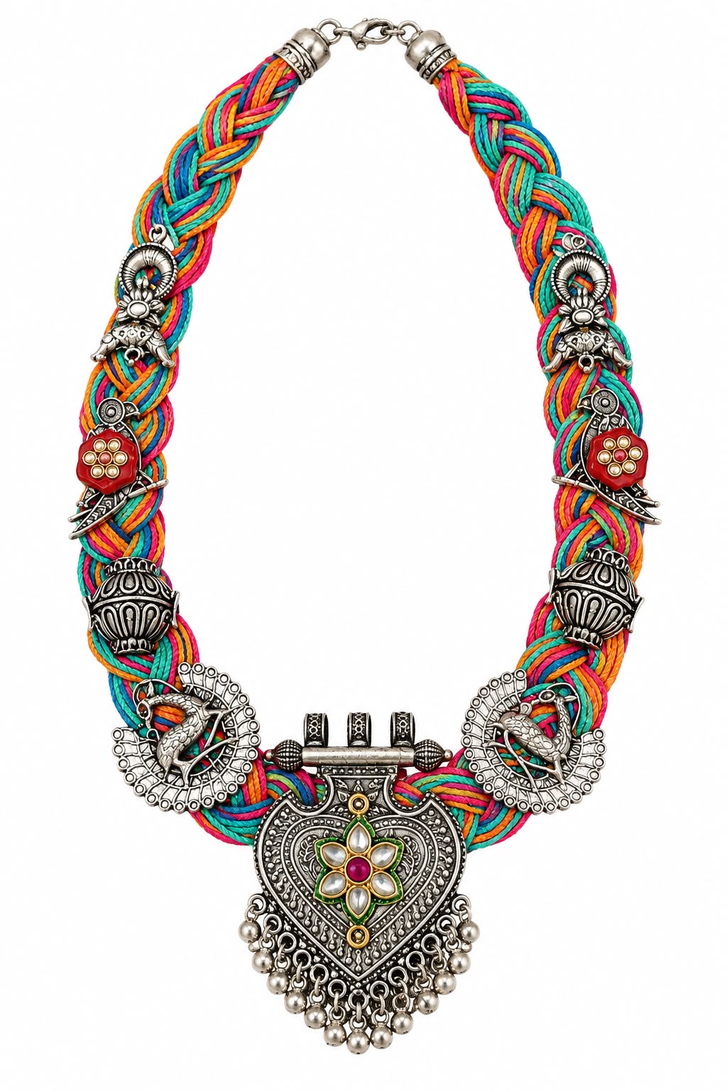 okhhraa Multicolour Braided Thread Oxidised Silver-Tone Traditional Necklace