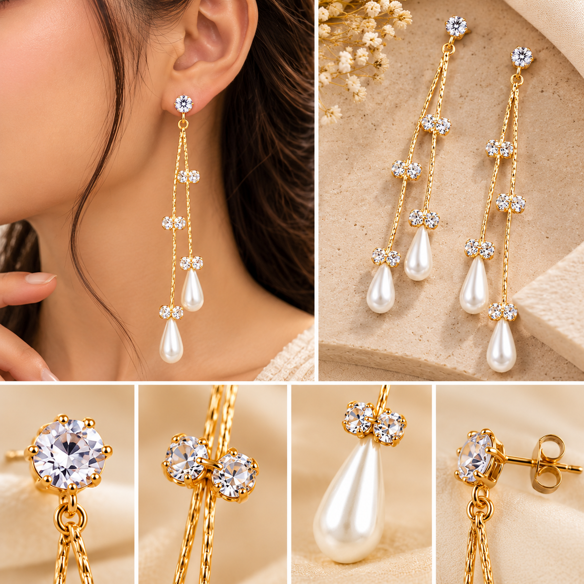 Okhhraa Gold Tone Crystal Pearl Drop Earrings