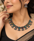 okhhraa Oxidised Silver Floral Necklace Set with Multicolour Stones | Includes Earrings, Lotus Motif Design
