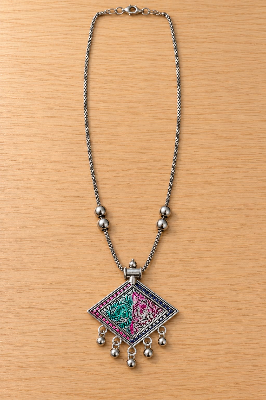 okhhraa Oxidised Silver Multicolor Diamond Pendant Necklace