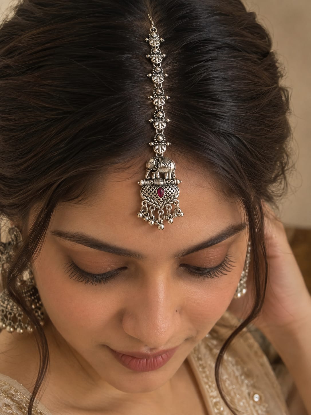 Okhhraa Oxidised Silver Maang Tikka with Red Stone & Beads