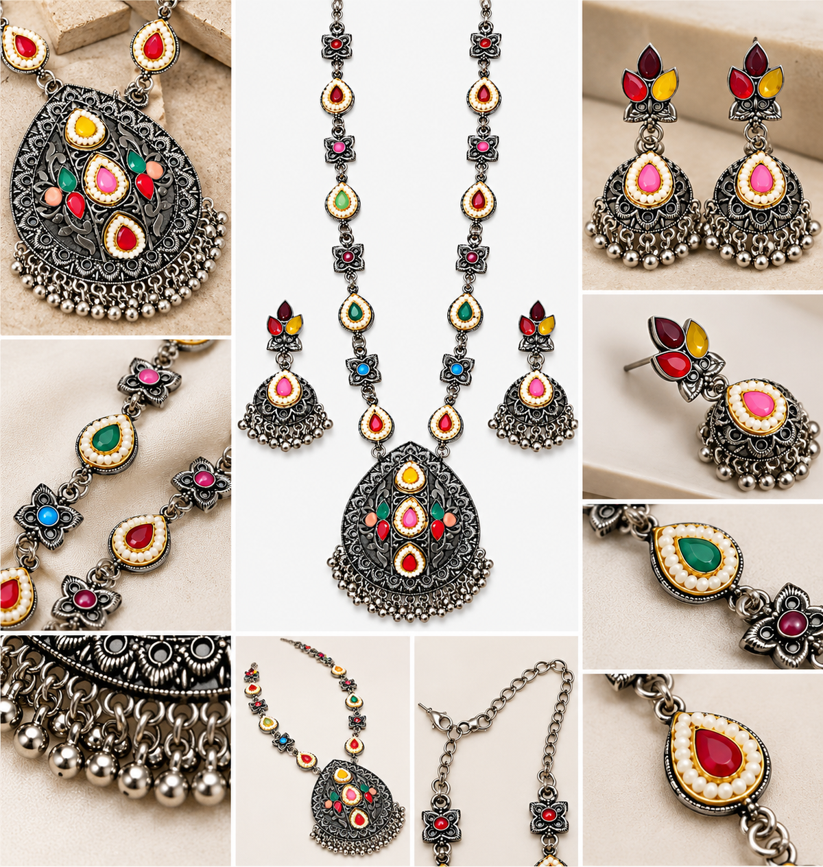 okhhraa Multicolor Kundan Necklace Set with Jhumka Earrings