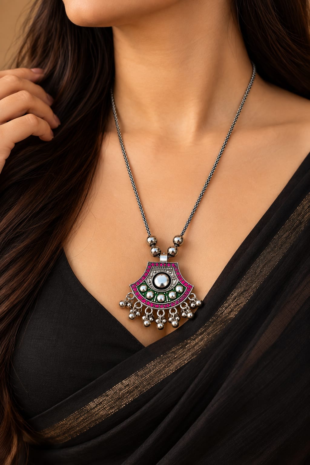 okhhraa Oxidised Silver Multicolor Traditional Pendant Necklace