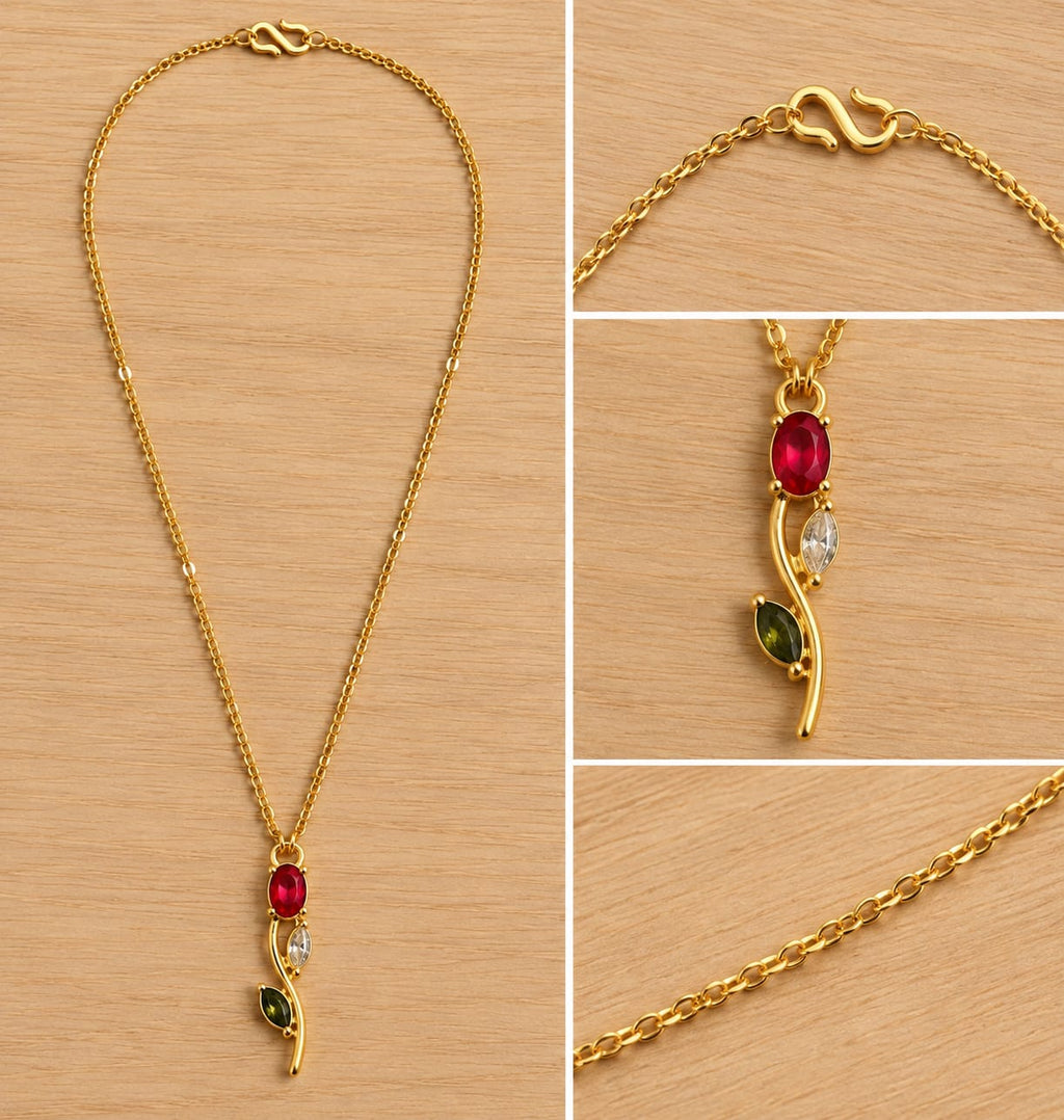 okhhraa Gold Plated Red Stone Leaf Design Pendant Necklace | for Women, Multi-Stone Pendant, Leaf Design, Gold Plated Chain, Oval Red Stone