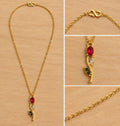 okhhraa Gold Plated Red Stone Leaf Design Pendant Necklace | for Women, Multi-Stone Pendant, Leaf Design, Gold Plated Chain, Oval Red Stone