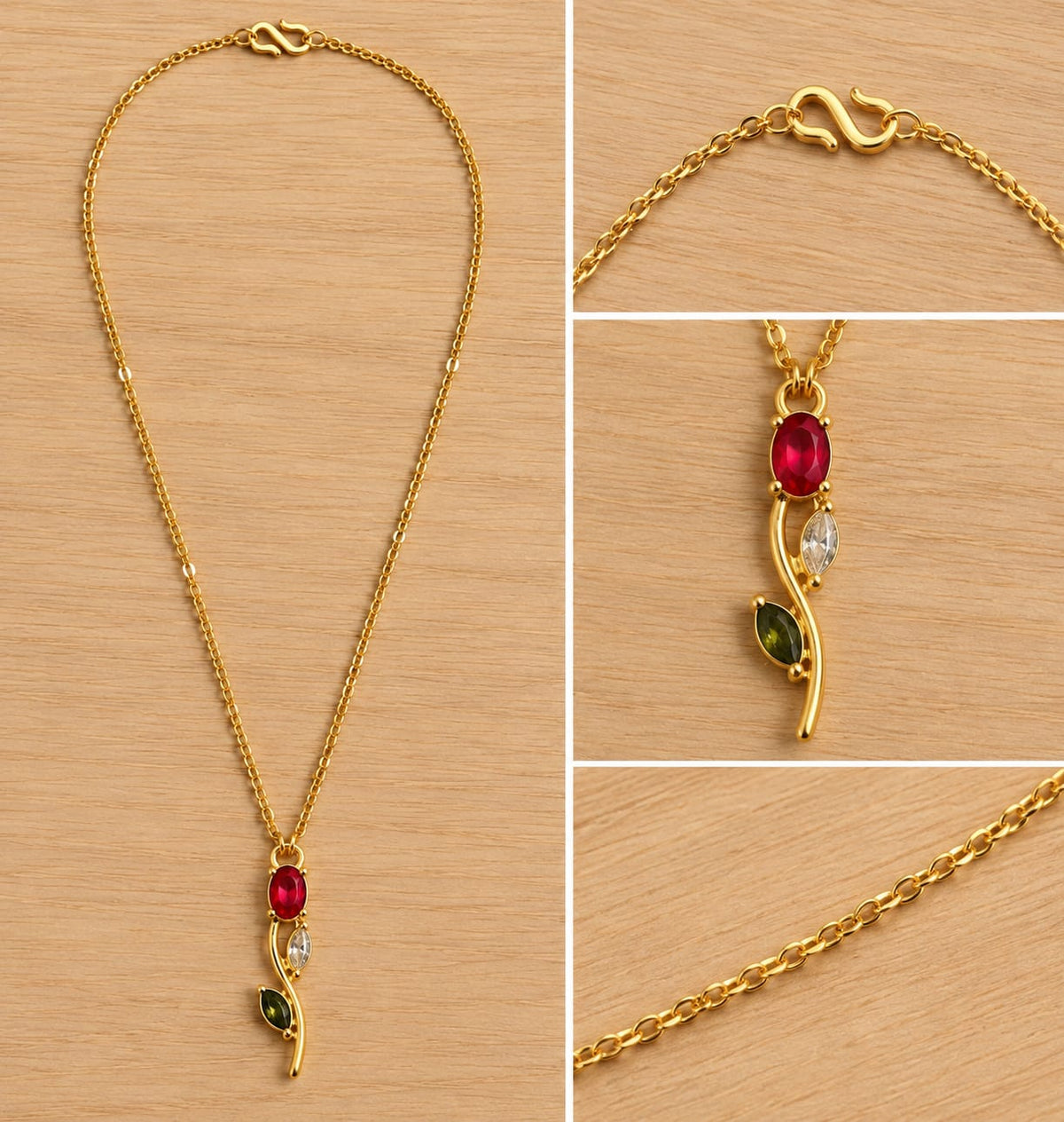 okhhraa Gold Plated Red Stone Leaf Design Pendant Necklace | for Women, Multi-Stone Pendant, Leaf Design, Gold Plated Chain, Oval Red Stone