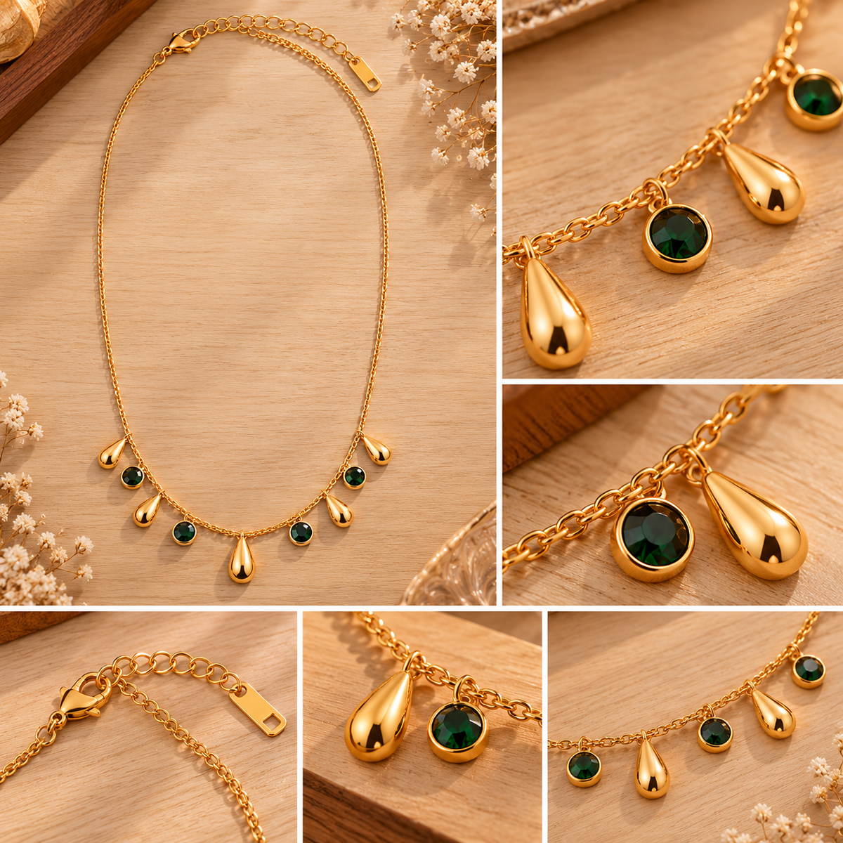 okhhraa Gold-Tone Green Stone & Teardrop Charm Necklace