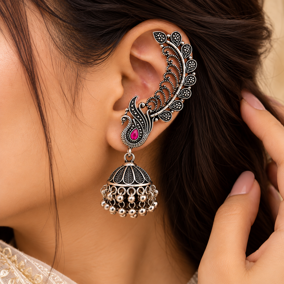 Okhhraa Peacock Ear Cuff Jhumka Earrings with Pink Stone