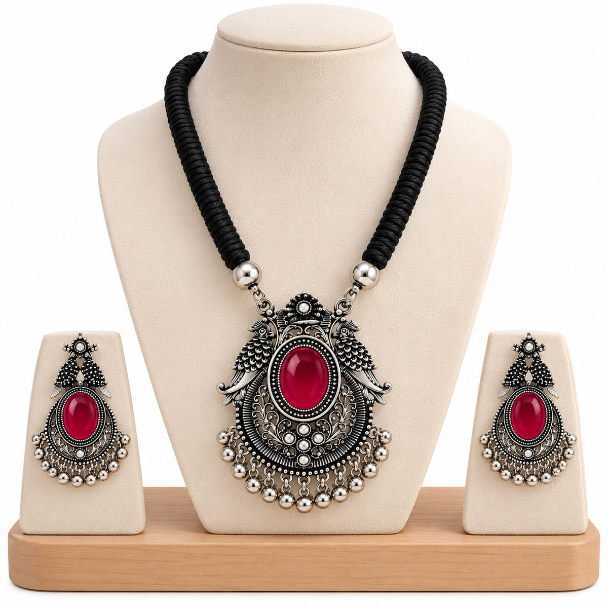okhhraa Necklace and Earring Set with red Stone