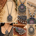 okhhraa Oxidised Silver Multicolor Floral Pendant Long Necklace