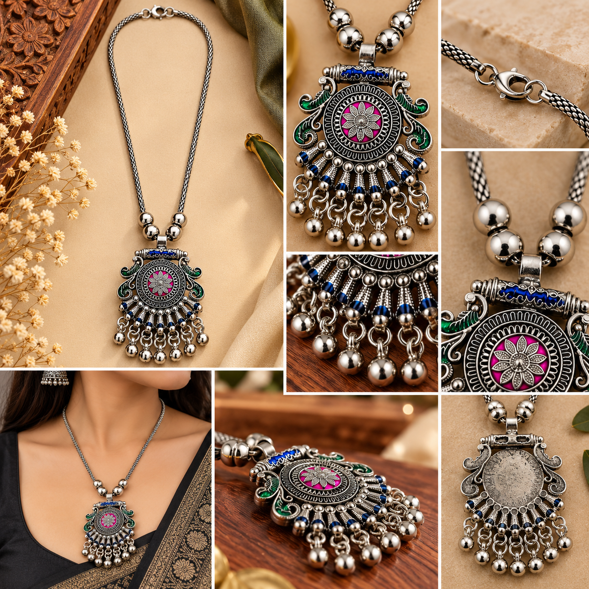 okhhraa Oxidised Silver Multicolor Floral Pendant Long Necklace