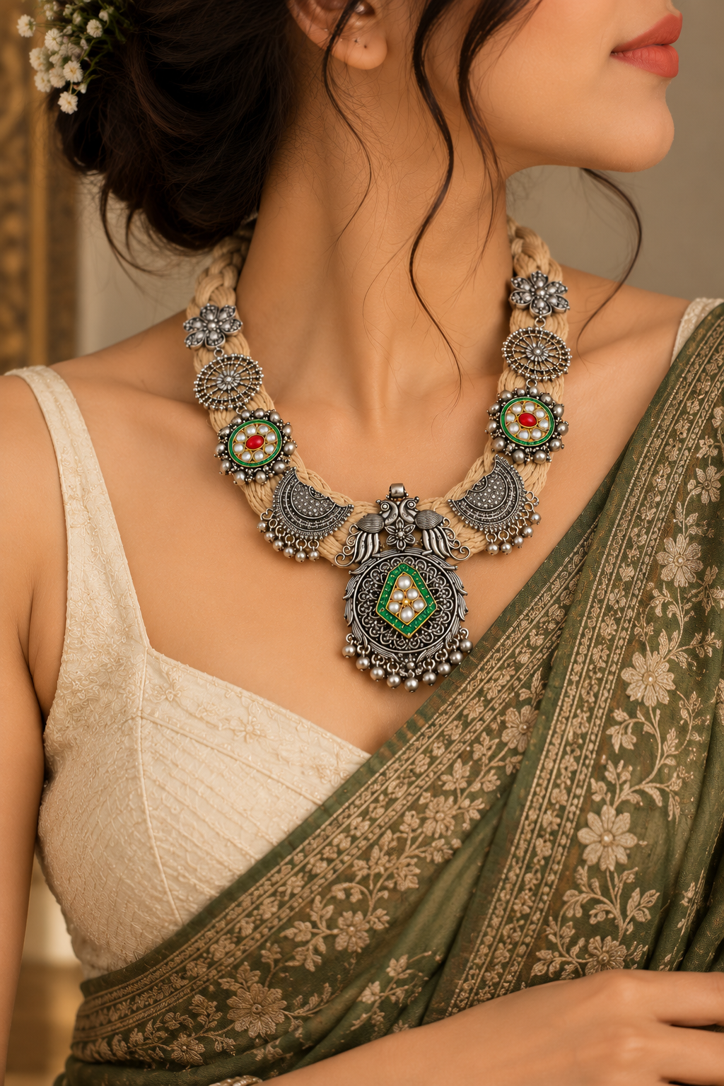 okhhraa Beige Braided Thread Oxidised Silver-Tone Traditional Necklace