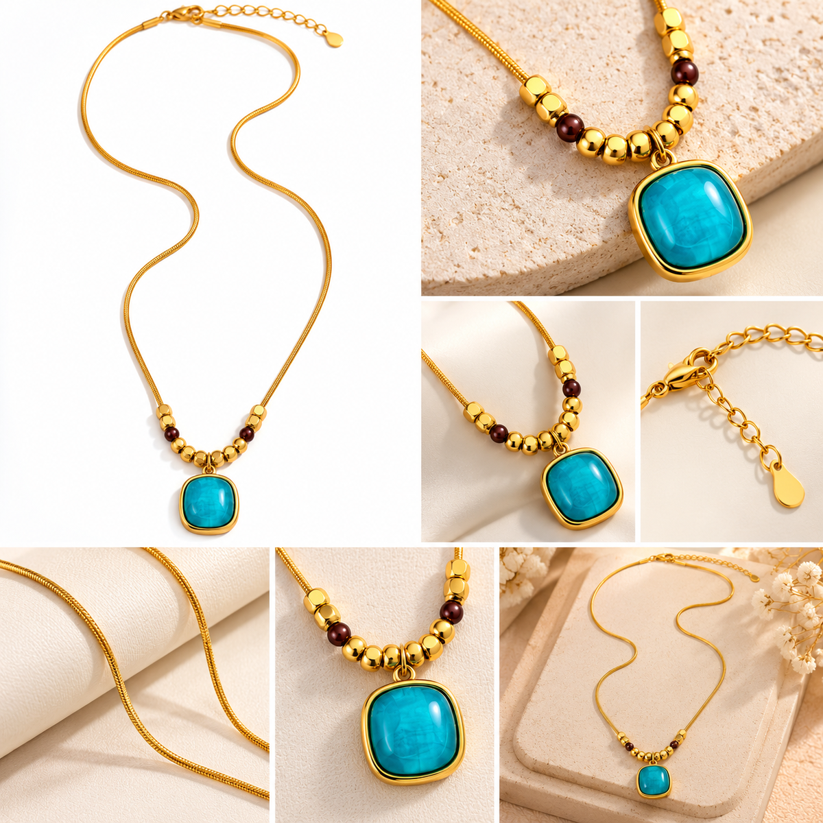okhhraa Gold Tone Turquoise Stone Beaded Pendant Necklace