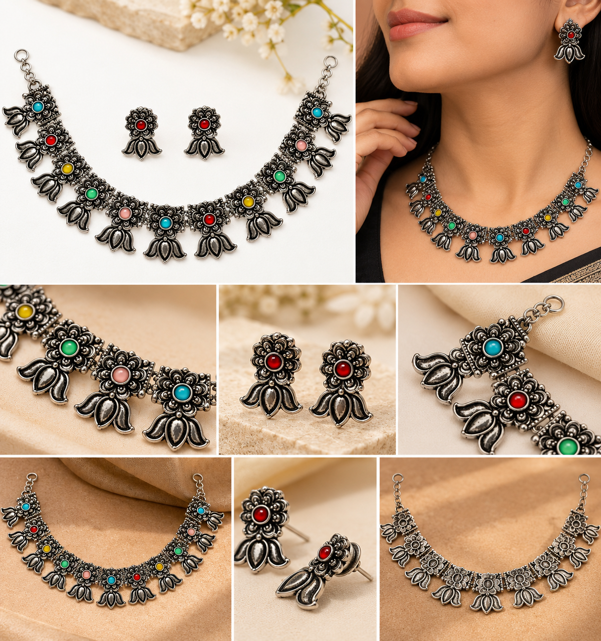 okhhraa Oxidised Silver Floral Necklace Set with Multicolour Stones | Includes Earrings, Lotus Motif Design