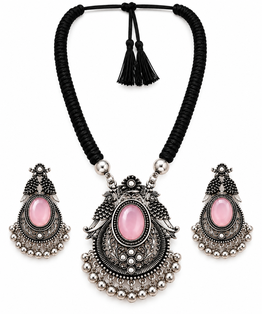 okhhraa Pink Stone Pendant Necklace Set with Matching Earrings