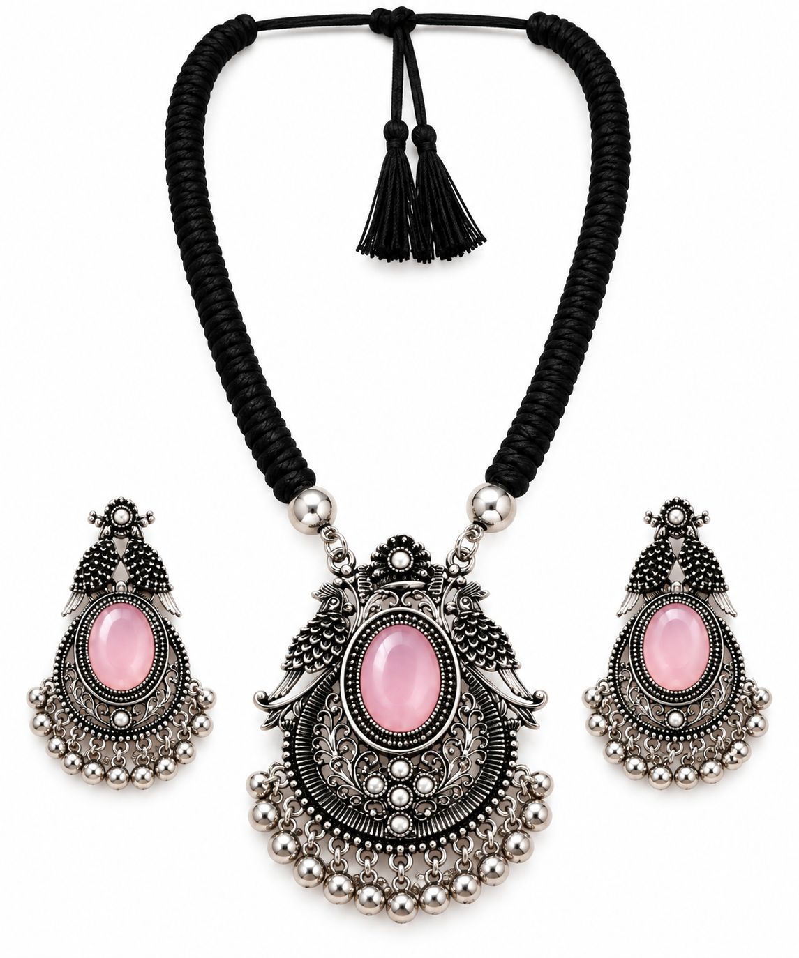 okhhraa Pink Stone Pendant Necklace Set with Matching Earrings
