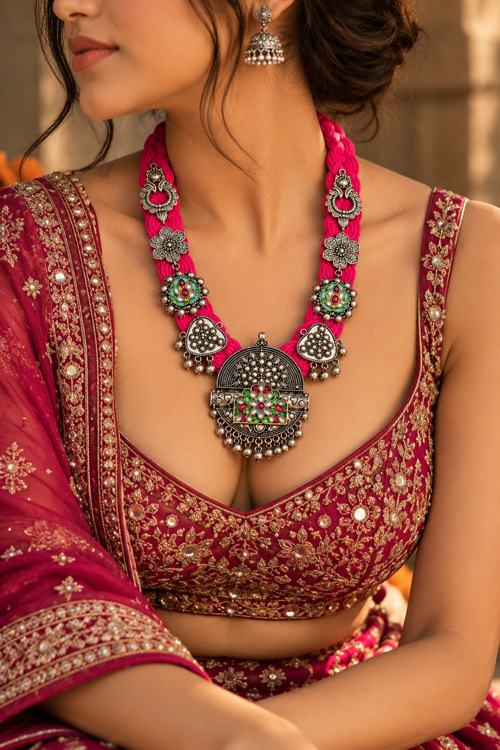okhhraa Pink Braided Thread Oxidised Silver-Tone Traditional Necklace