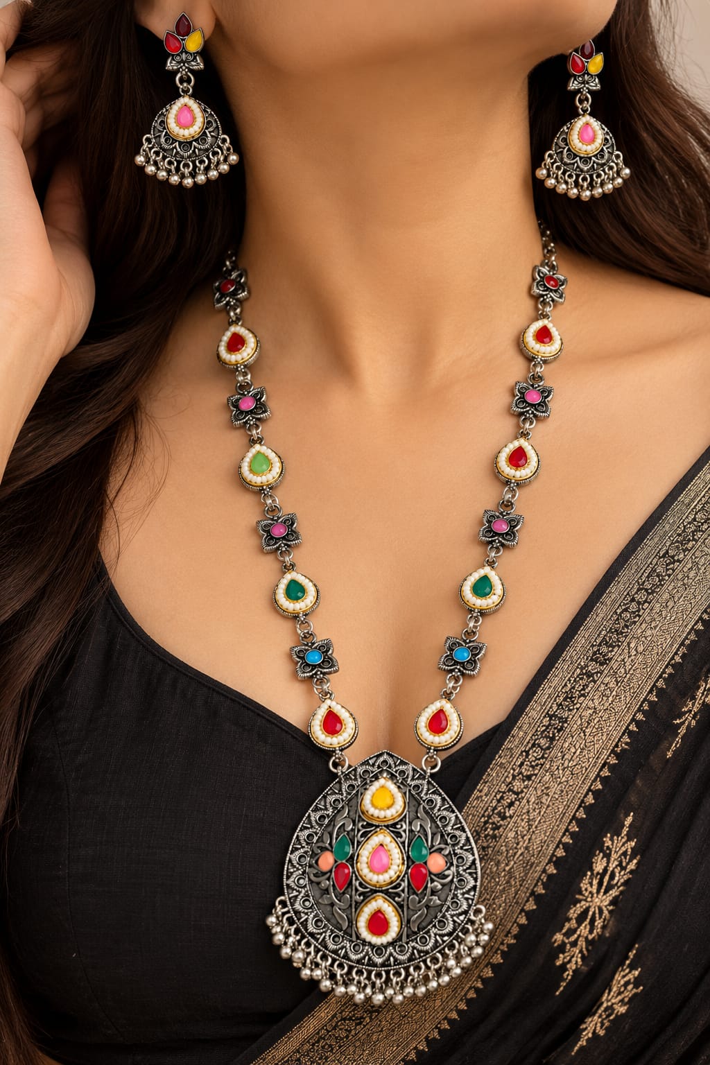 okhhraa Multicolor Kundan Necklace Set with Jhumka Earrings